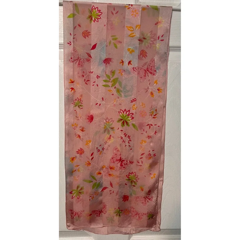 Echo Pink Floral Butterfly Satin Stripe Silk Blend Rectangular Scarf Wrap 11x52